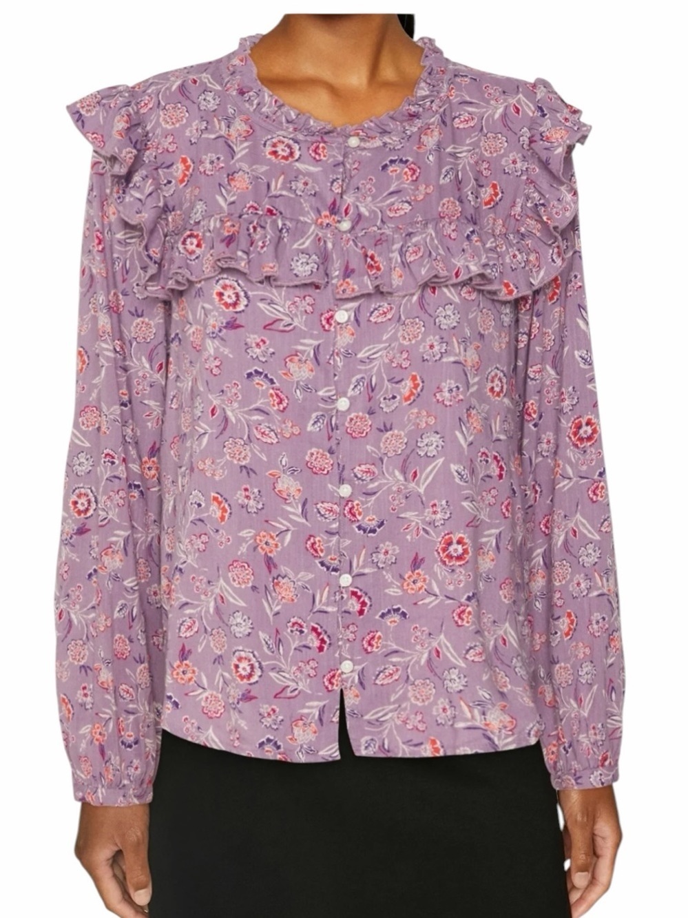 GAP Floral Ruffle Blouse Cottagecore Romantic Long Sleeve Button Front Size XL